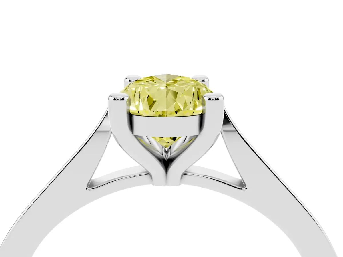 Fancy Yellow Pear Cut Solitaire Diamond Ring with Four-Prong Setting and Tapered Band White gold