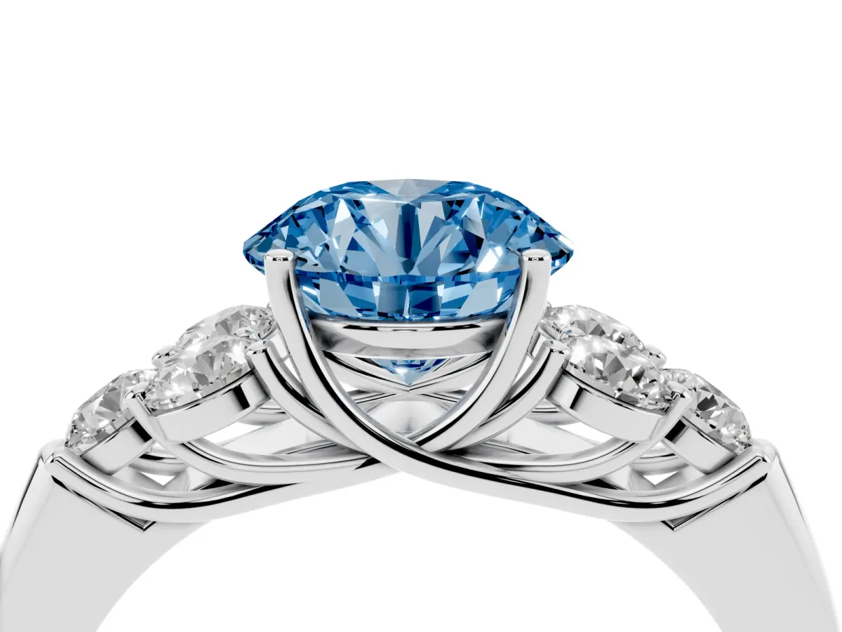 Fancy Blue Round Cut Cut Diamond Cluster Ring with Round Accent Stones and Prong Setting on a Classic Band Silver
