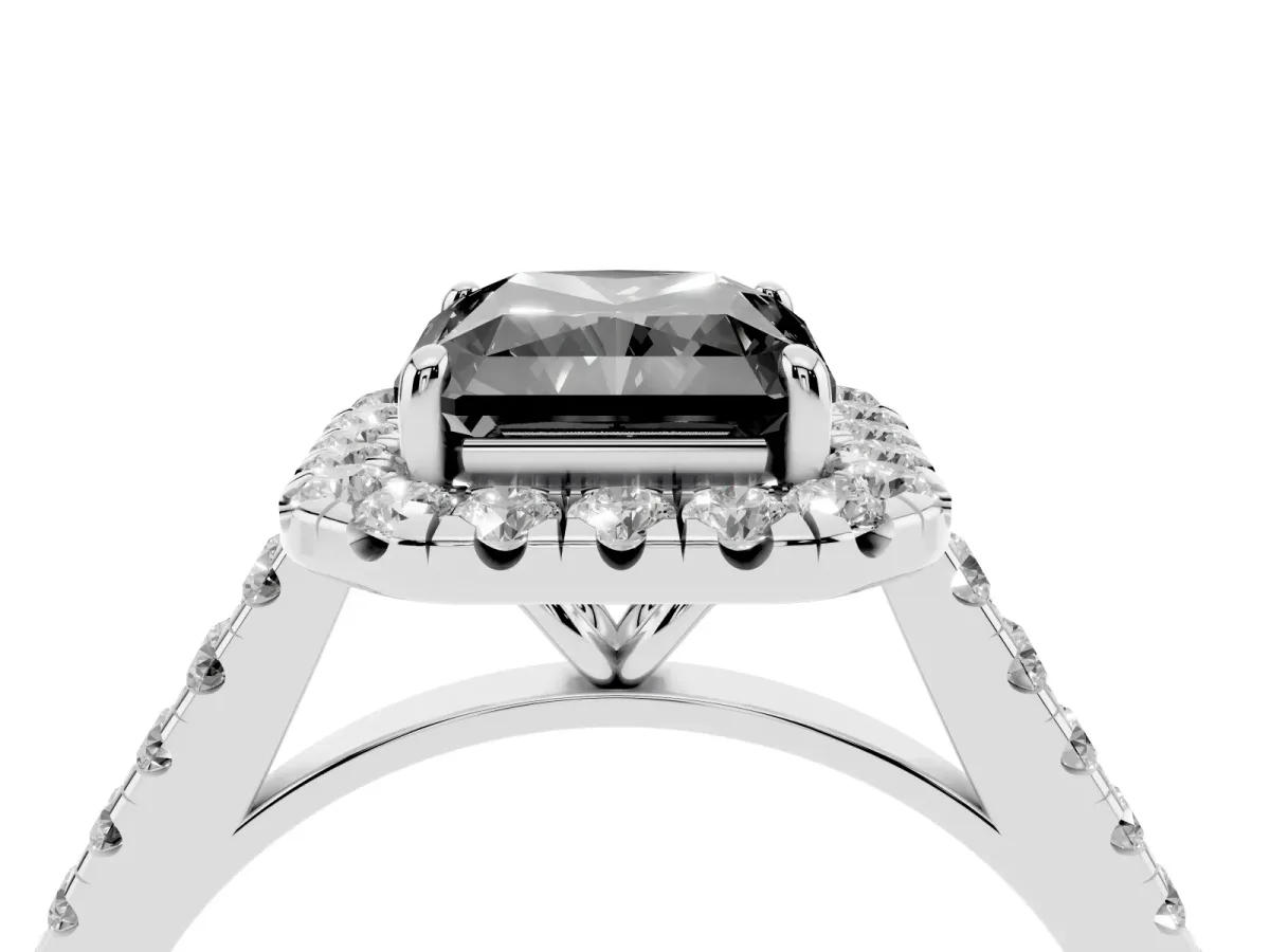 Fancy Black Radiant Cut Halo Pave Diamond Engagement Ring with Four-Prong Setting Platinum