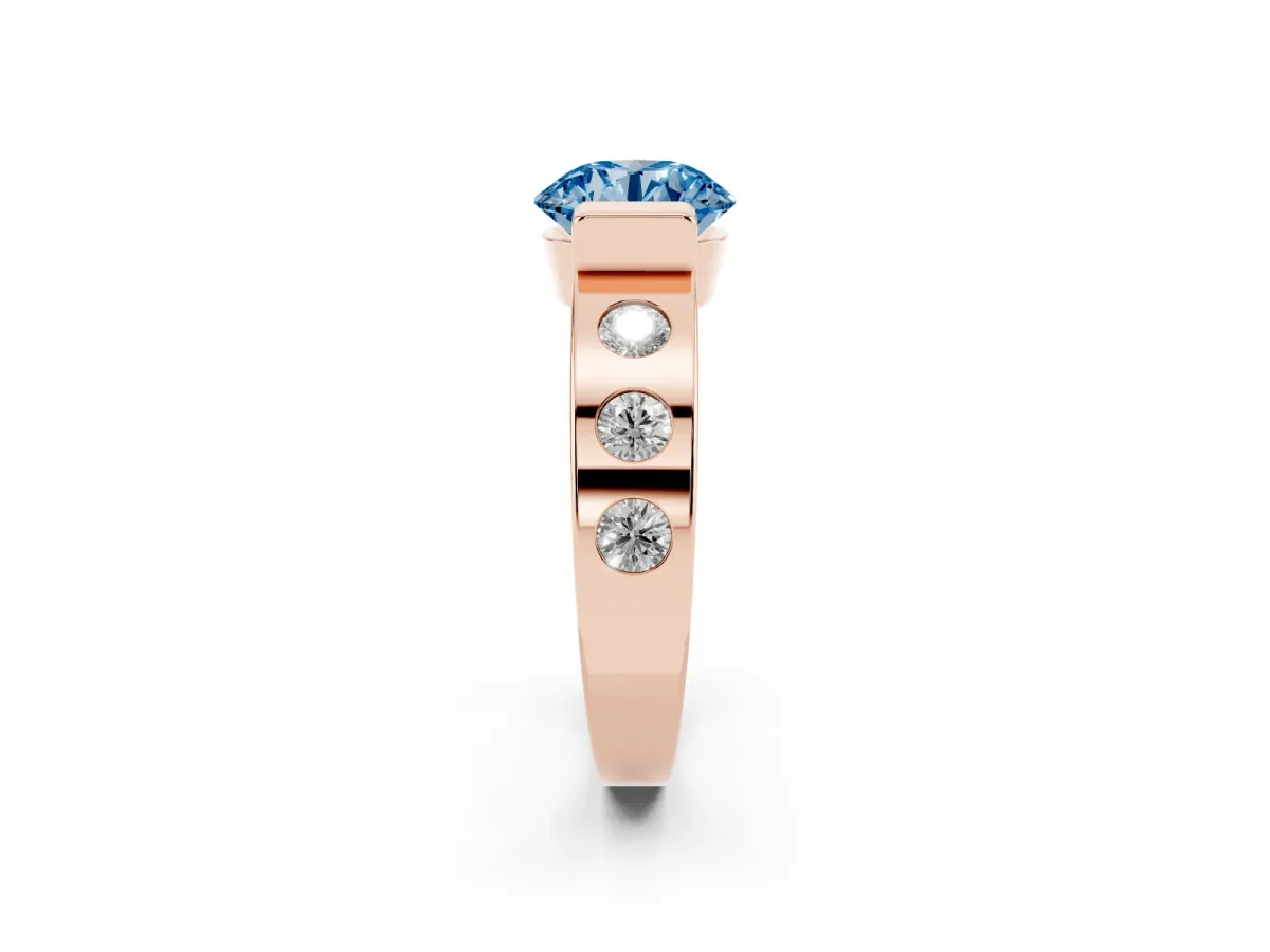 Fancy Blue Round Cut Brilliant Channel-Set Diamond Ring with Bezel Prong Setting Rose gold
