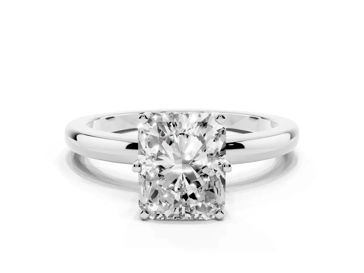 Radiant Cut Solitaire Diamond Ring with Six-Prong Setting on a Classic Band Platinum