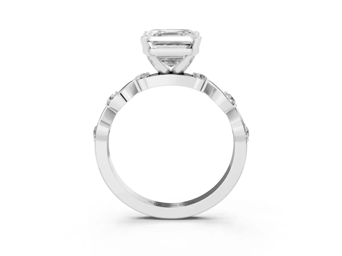 Asscher Cut Diamond Solitaire Twisted Band with Round Accents and Prong Setting Platinum