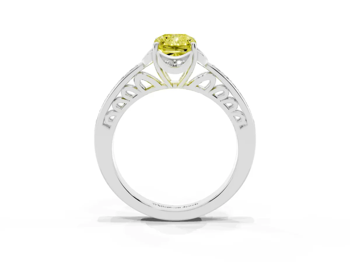 Fancy Yellow Radiant Cut Cut Halo Diamond Ring with Channel Set Band and Four-Prong Setting Silver