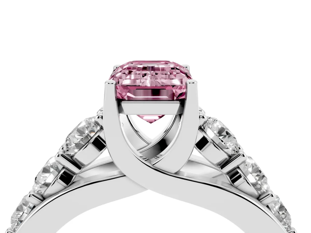 Fancy Pink Emerald Cut Diamond Engagement Ring with Pavé Band and Four-Prong Setting Silver