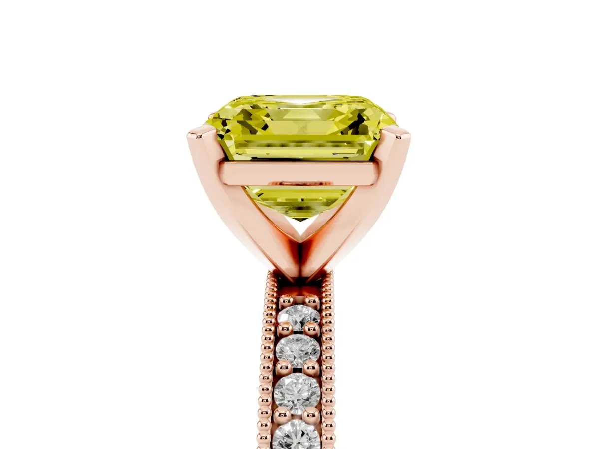 Fancy Yellow Asscher Cut Diamond Milgrain Pavé Engagement Ring with Four-Prong Setting Rose gold