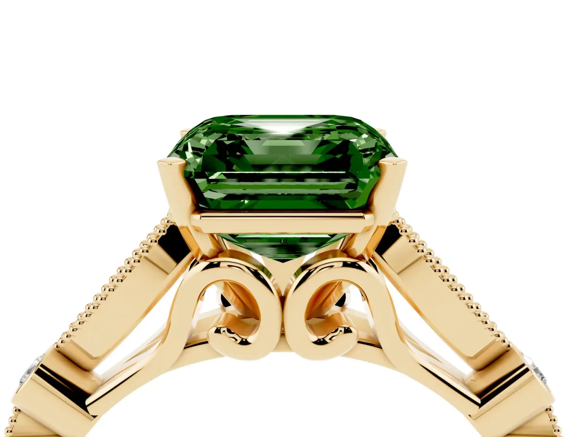 Fancy Green Asscher Cut Cut Diamond with Milgrain Marquise and Bezel Accents on a Solitaire Band with Prong Setting Yellow gold