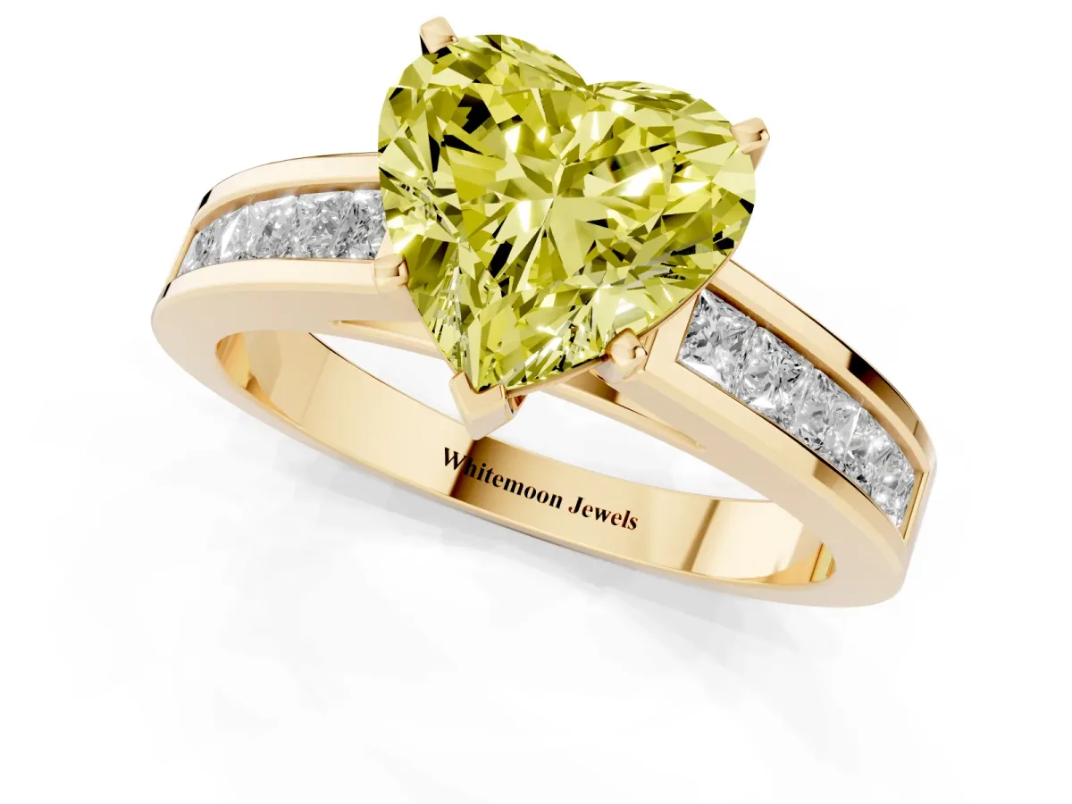 Fancy Yellow Heart Cut Solitaire Diamond Ring with Channel-Set Band and Four-Prong Setting Yellow gold