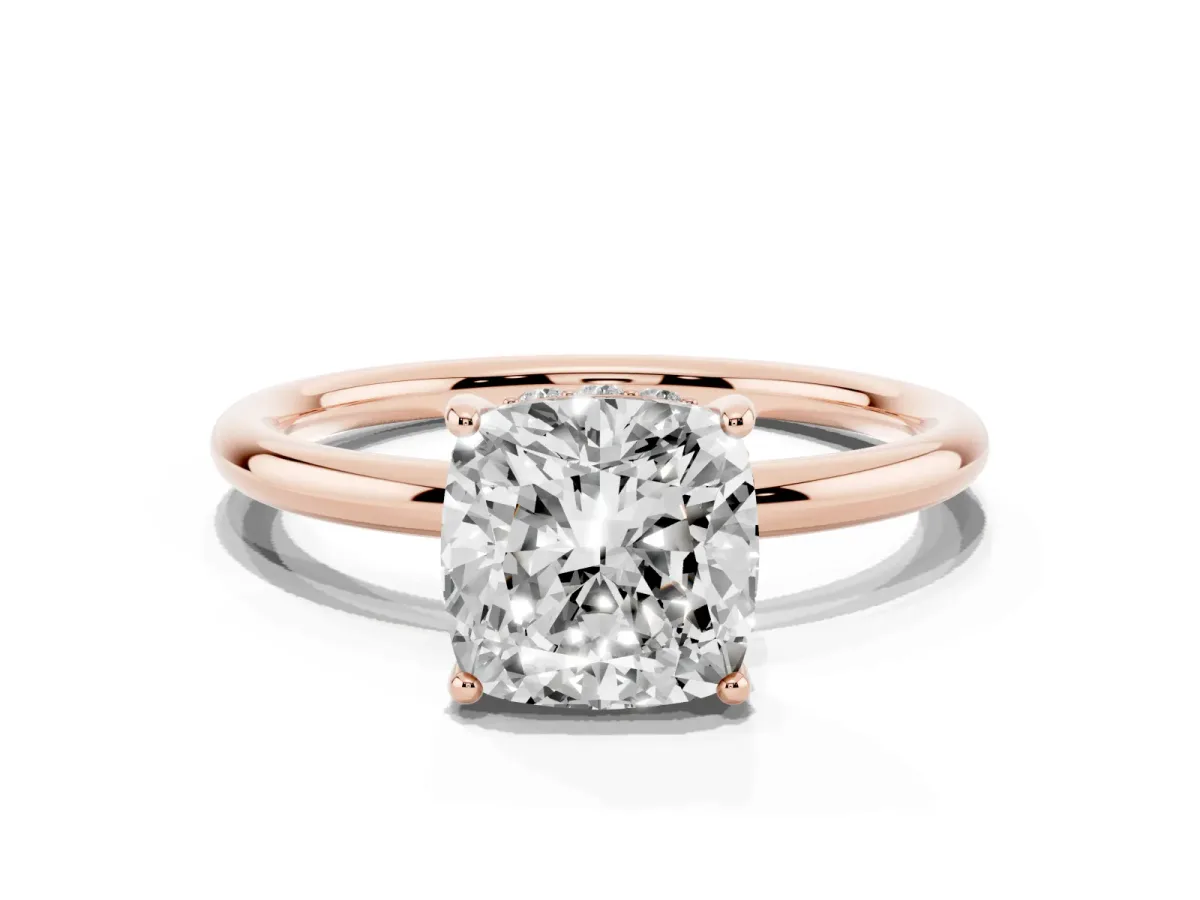 Cushion Cut Solitaire Diamond Ring with a Classic Band and Four-Prong Setting Rose gold