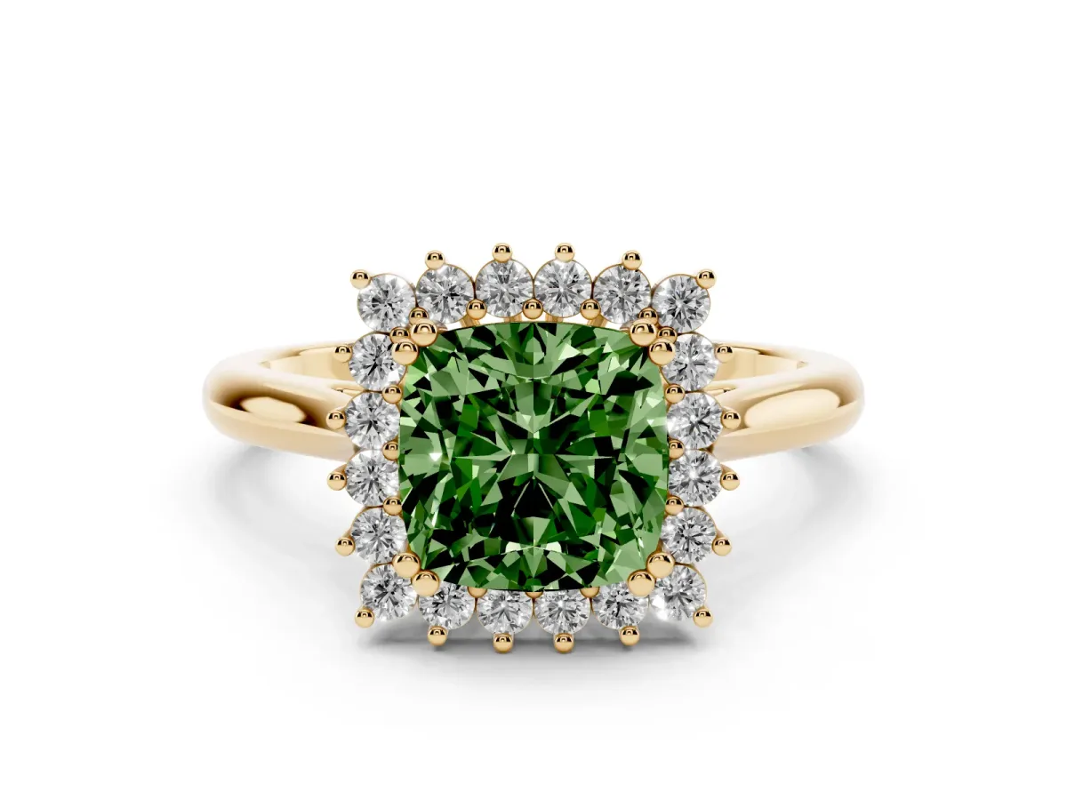 Fancy Green Cushion Cut Cut Diamond Halo Ring with Solitaire Band and Prong Setting Yellow gold