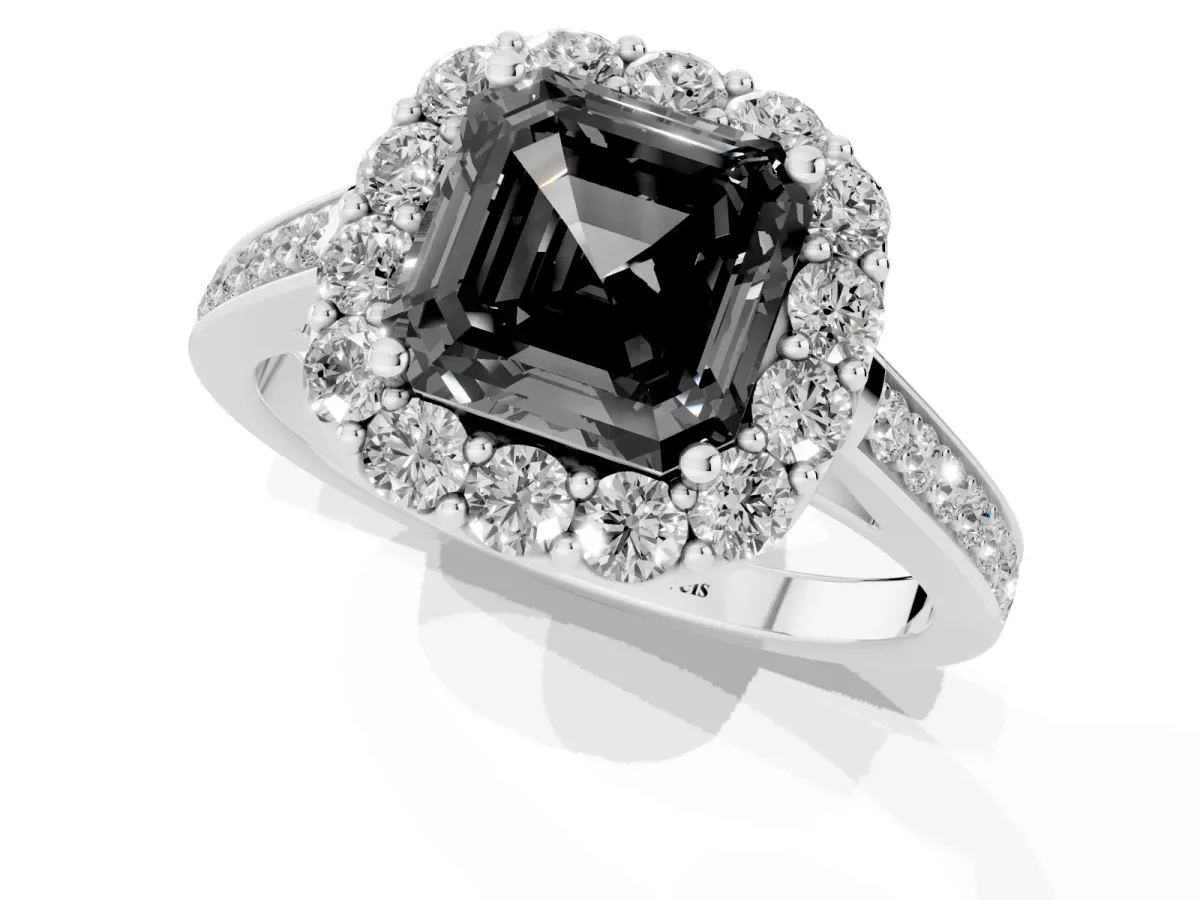 Fancy Black Asscher Cut Diamond Floral Halo Ring with Pavé Band and Prong Setting Platinum