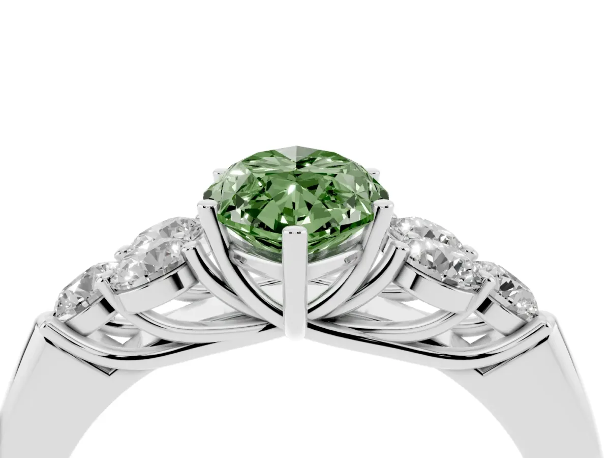 Fancy Green Marquise Cut Cut Diamond Cluster Ring with Round Accent Stones and Prong Setting on a Classic Band White gold