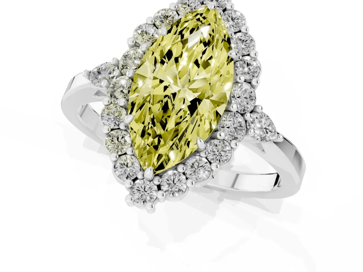 Fancy Yellow Marquise Cut Diamond Halo Ring with Pear Side Stones and Prong Setting Platinum
