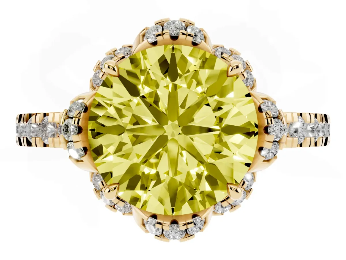 Fancy Yellow Round Cut Diamond Halo Pave Band with Four-Prong Setting Yellow gold