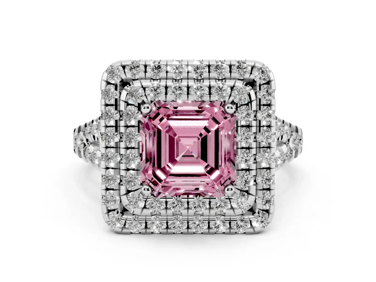 Fancy Pink Double Halo Asscher Cut Diamond Pavé Split Shank Ring with Prong Setting Silver