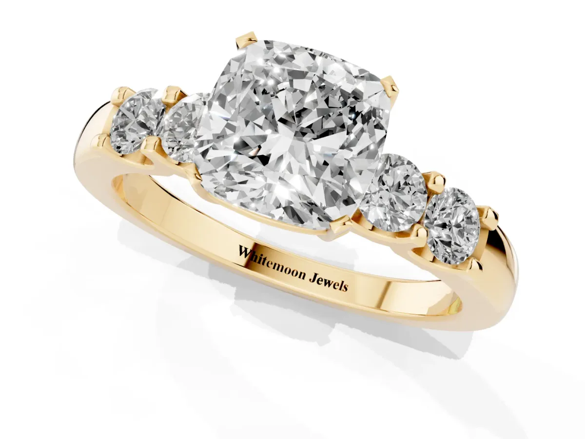 Cushion Cut Brilliant Cut Diamond Five-Stone Prong Set Engagement Ring with Channel Band Yellow gold