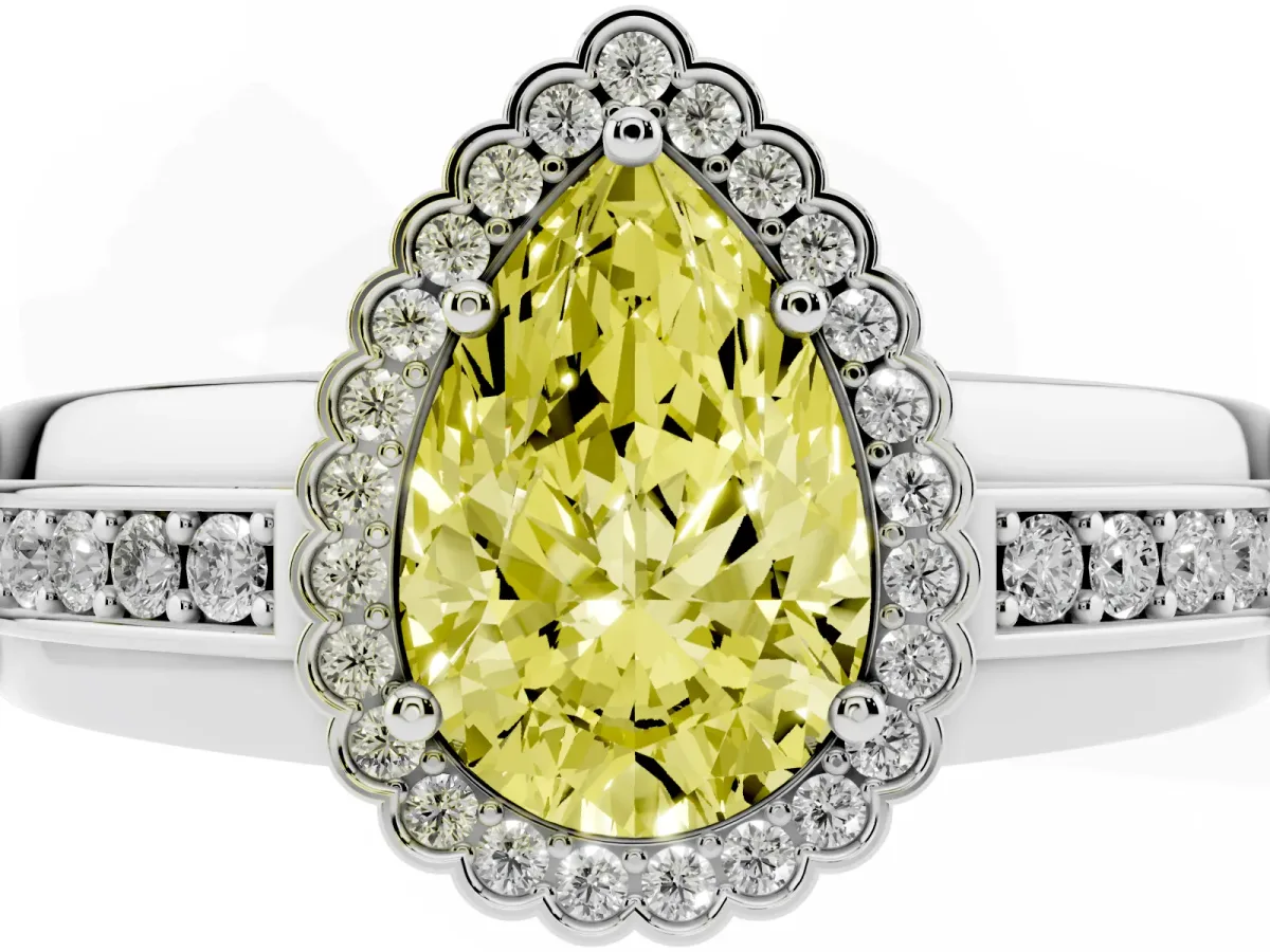 Fancy Yellow Pear Cut Cut Halo Pave Band Four-Prong Ring Platinum