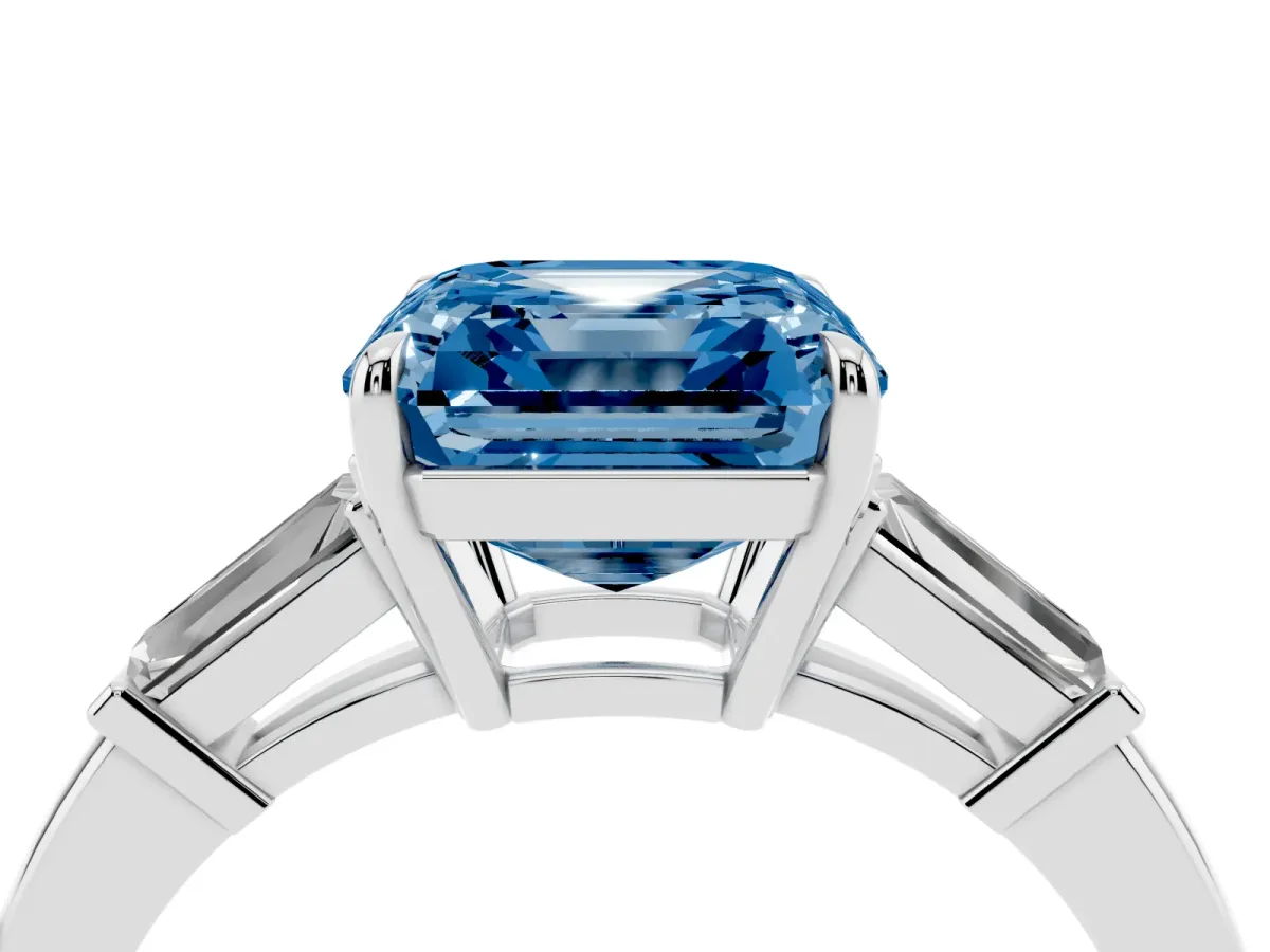 Fancy Blue Asscher Cut Diamond Three-Stone Ring with Tapered Baguette Side Stones and Prong Setting Silver