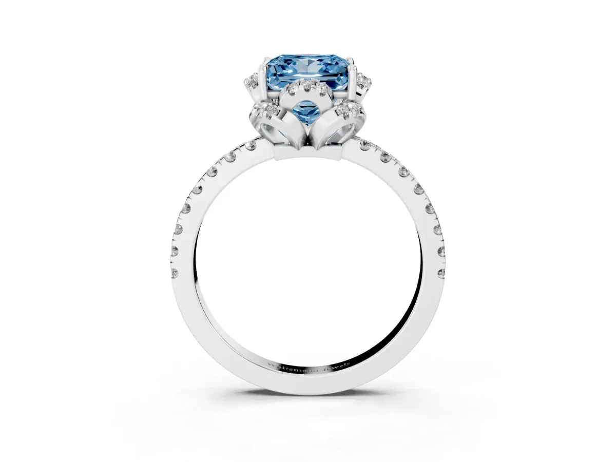 Fancy Blue Princess Cut Halo Diamond Pave Band Ring with Four-Prong Setting Platinum