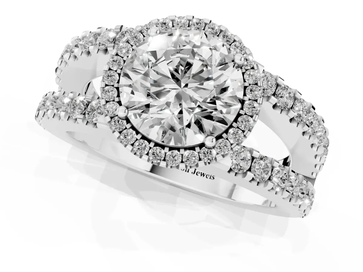Round Cut Cut Halo Split Shank Diamond Ring with Four-Prong Setting Platinum
