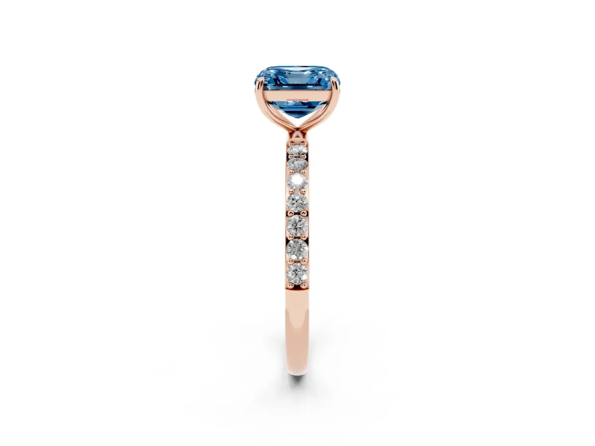 Fancy Blue Asscher Cut Diamond Solitaire Ring with Round Pavé Shoulders and Prong Setting Rose gold
