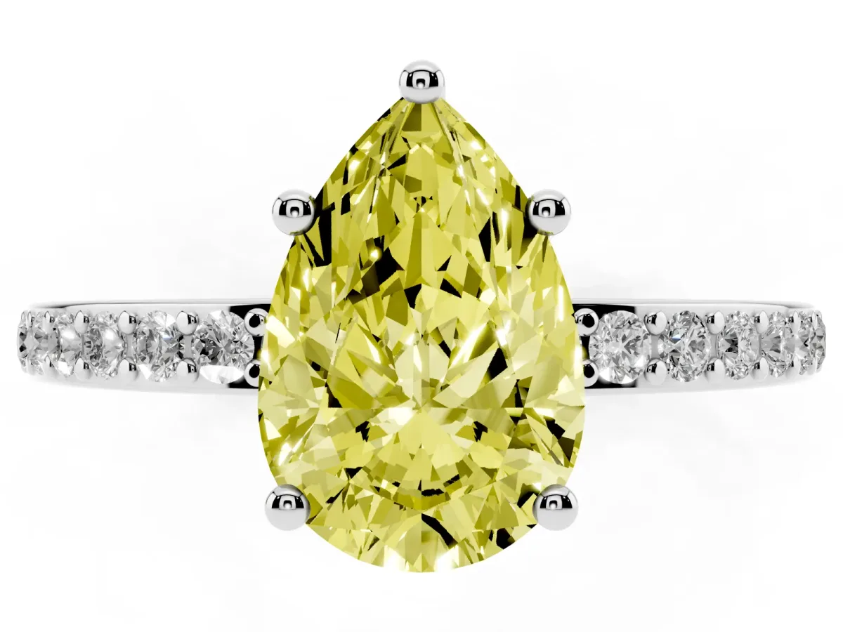 Fancy Yellow Pear Cut Cut Diamond Pavé Band Ring with Four-Prong Setting Platinum