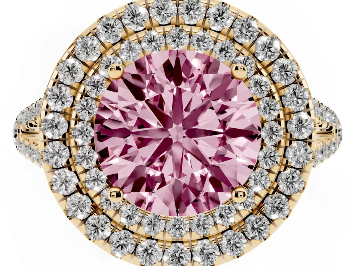 Fancy Pink Round Cut Diamond Double Halo Ring with Pavé Band and Prong Setting Yellow gold