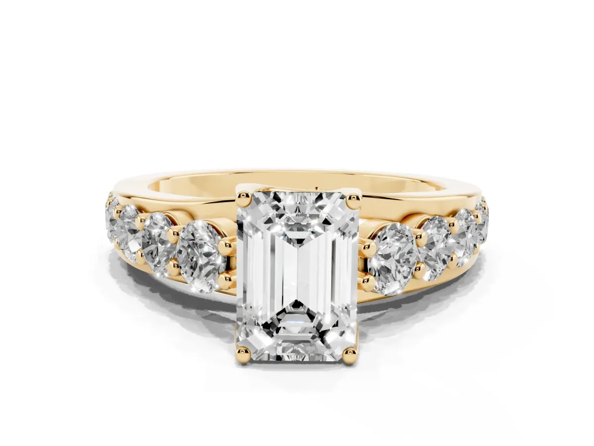 Emerald Cut Diamond Engagement Ring with Pavé Band and Four-Prong Setting Yellow gold
