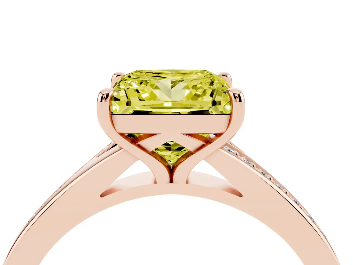 Fancy Yellow Princess Cut Diamond Solitaire Ring with Pavé Band and Prong Setting Rose gold