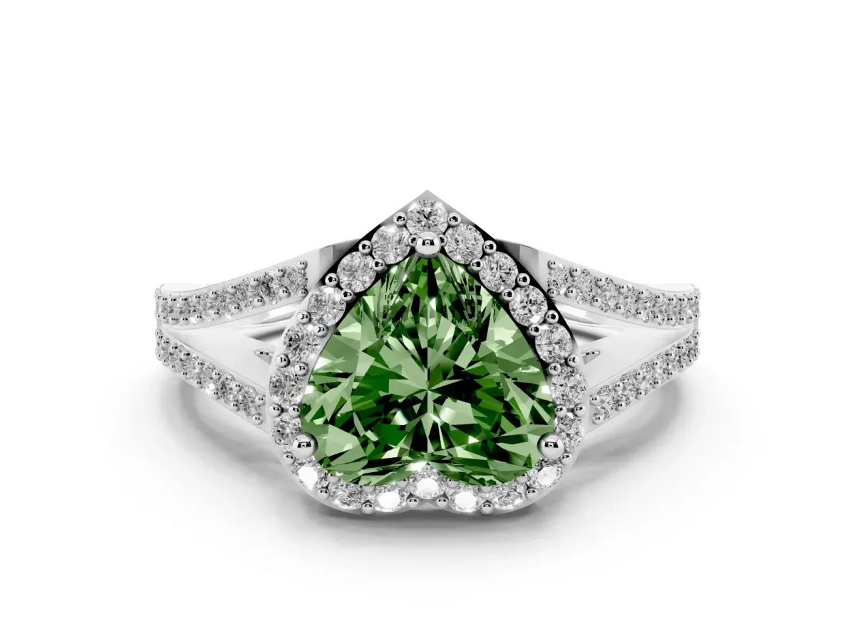 Fancy Green Heart Cut Halo Split Shank Pave Diamond Ring with Four-Prong Setting Platinum
