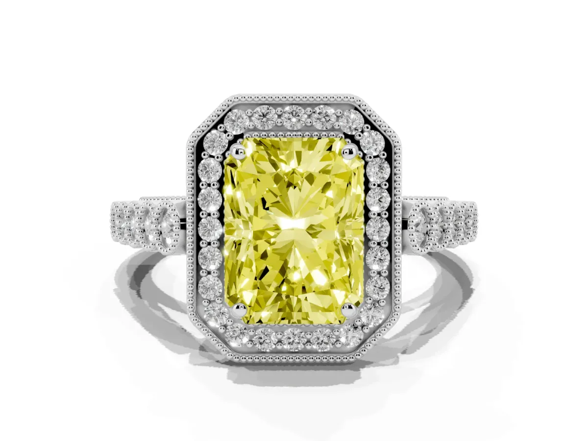 Fancy Yellow Radiant Cut Halo Milgrain Solitaire with Bezel Set Side Stones and Pave Band Platinum