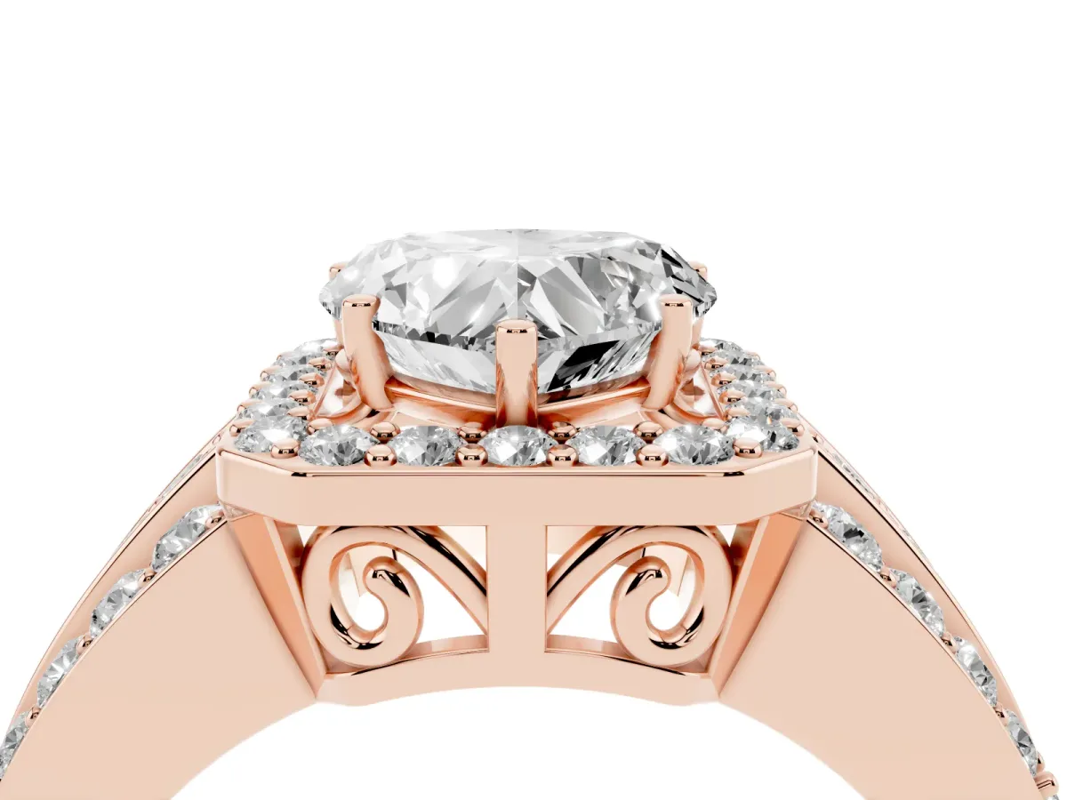 Heart Cut Halo Diamond Ring with Round Split Shank and Prong Setting Rose gold