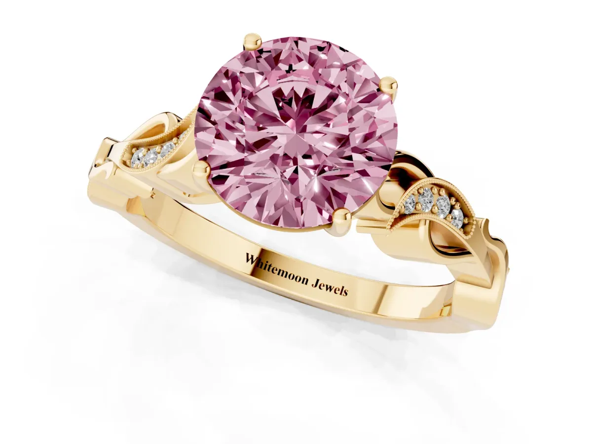 Fancy Pink Round Cut Solitaire Vine Band with Milgrain Prong Setting Yellow gold