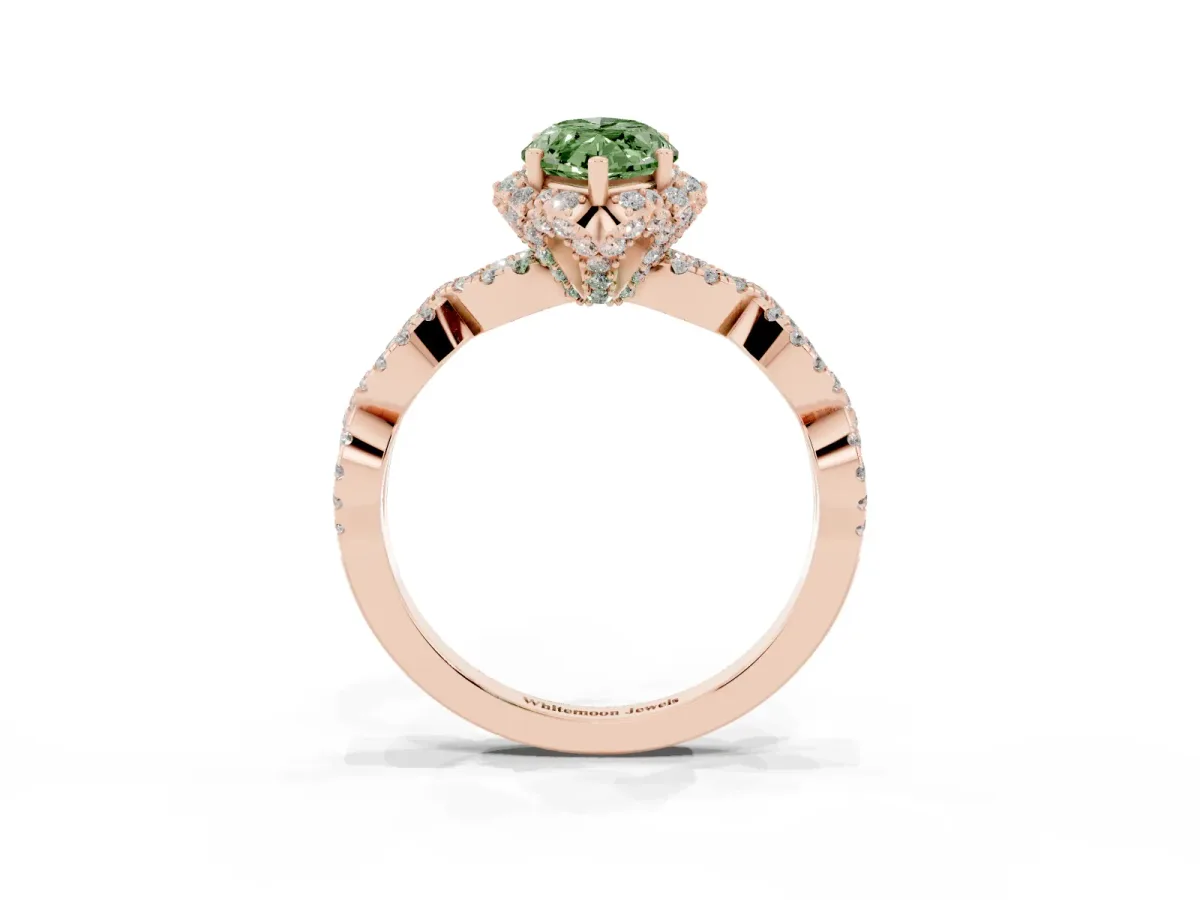 Fancy Green Marquise Cut Halo Twist Band Solitaire Ring with Six-Prong Setting Rose gold