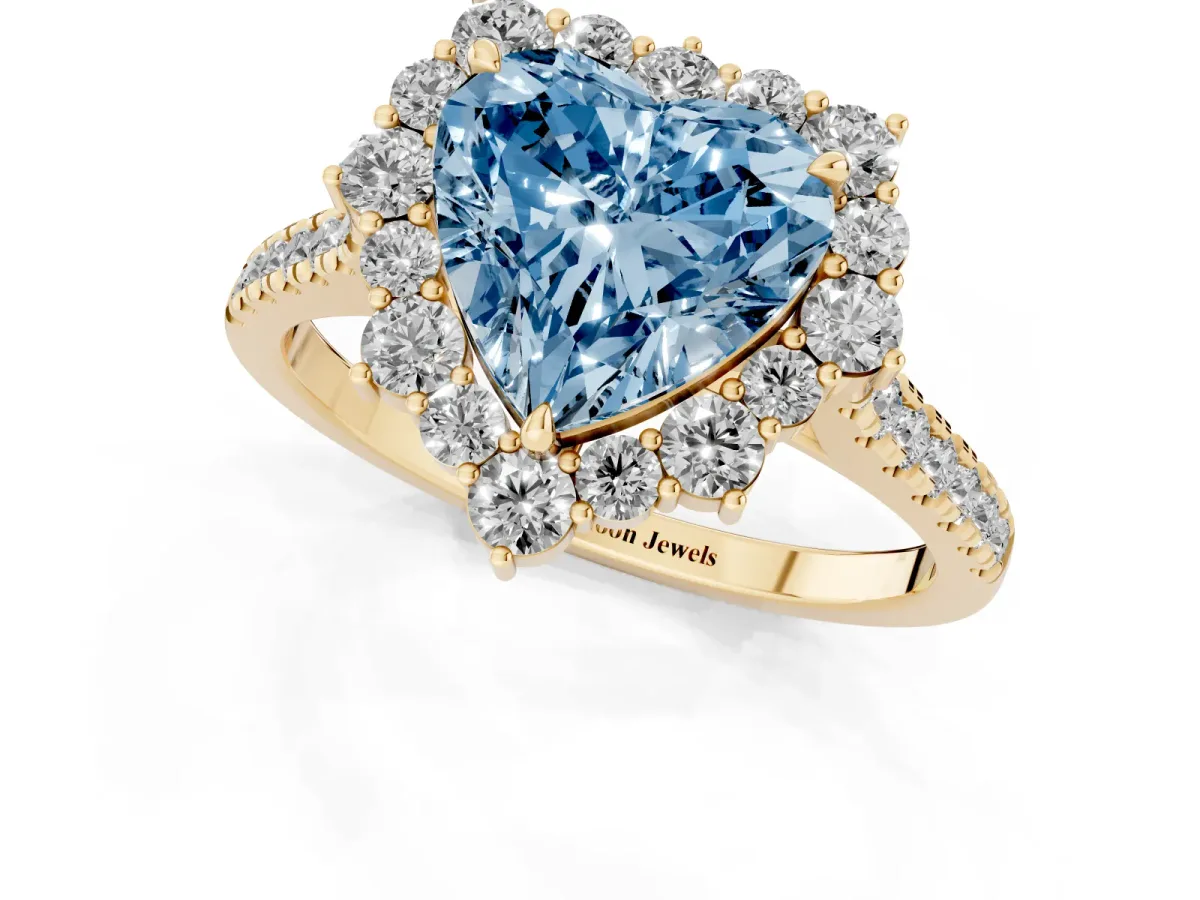 Fancy Blue Heart Cut Halo Diamond Ring with Pavé Band and Prong Setting Yellow gold