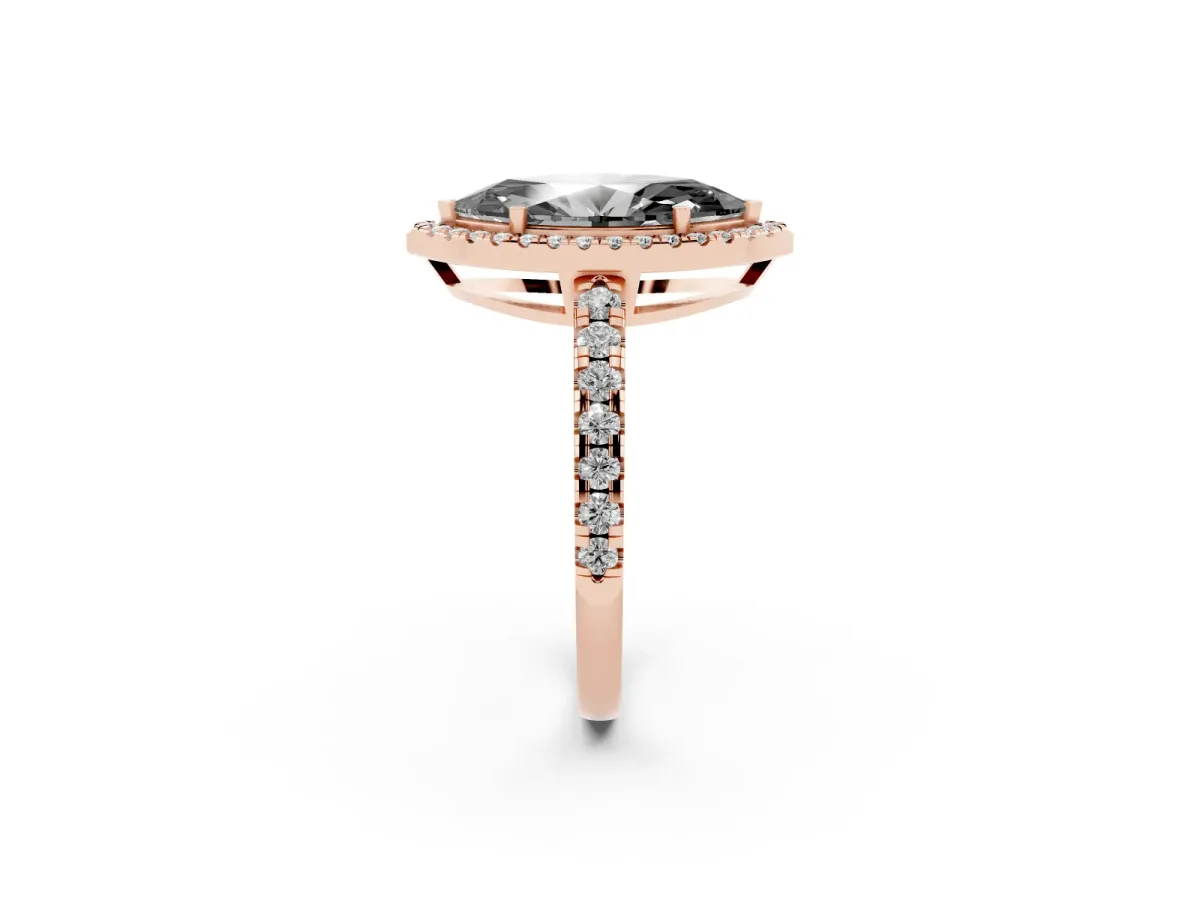 Fancy Black Marquise Cut Diamond Halo Ring with Pavé Band and Four-Prong Setting Rose gold