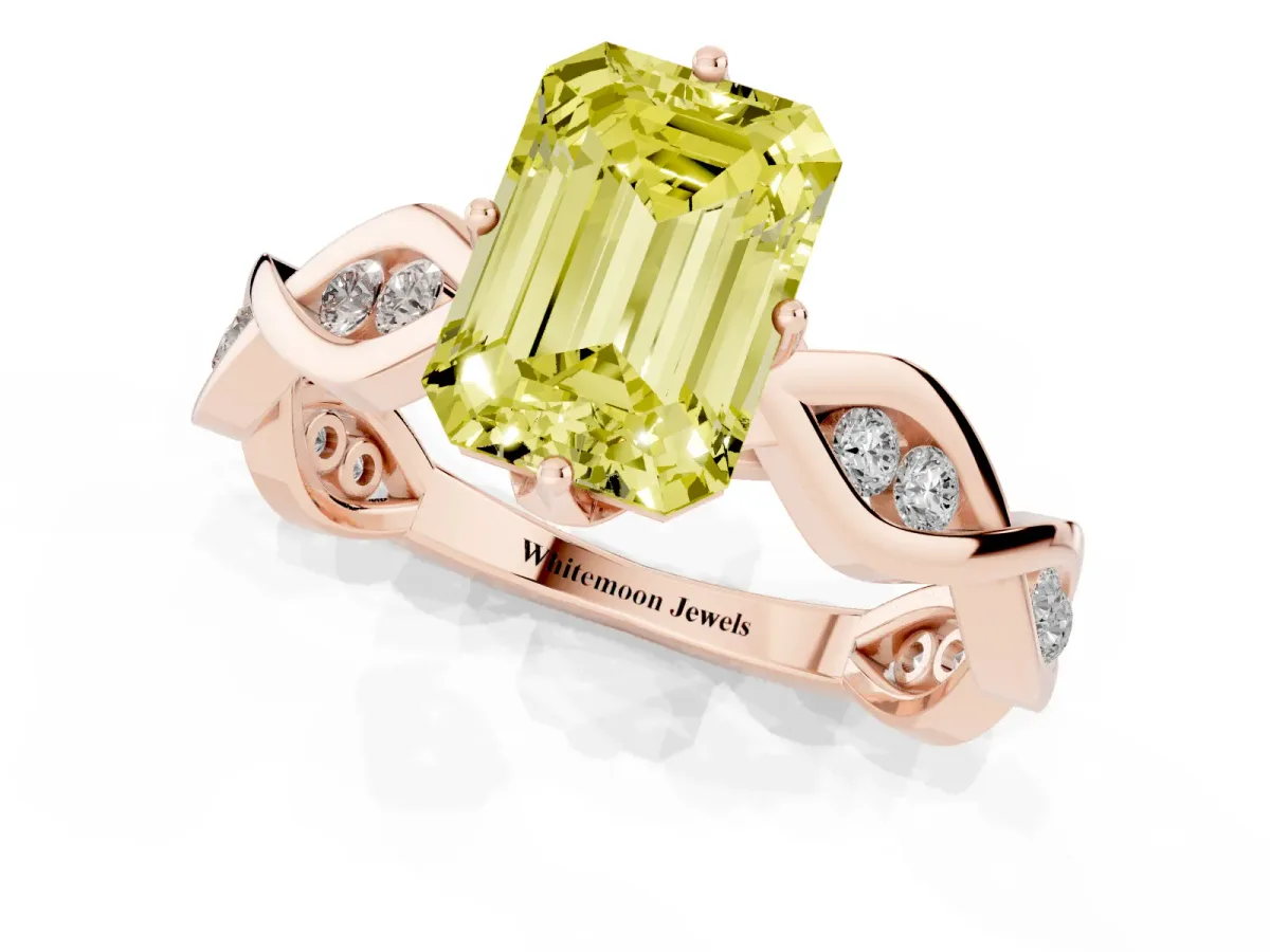 Fancy Yellow Emerald Cut Solitaire Twist Band with Leaf Prong Setting Rose gold