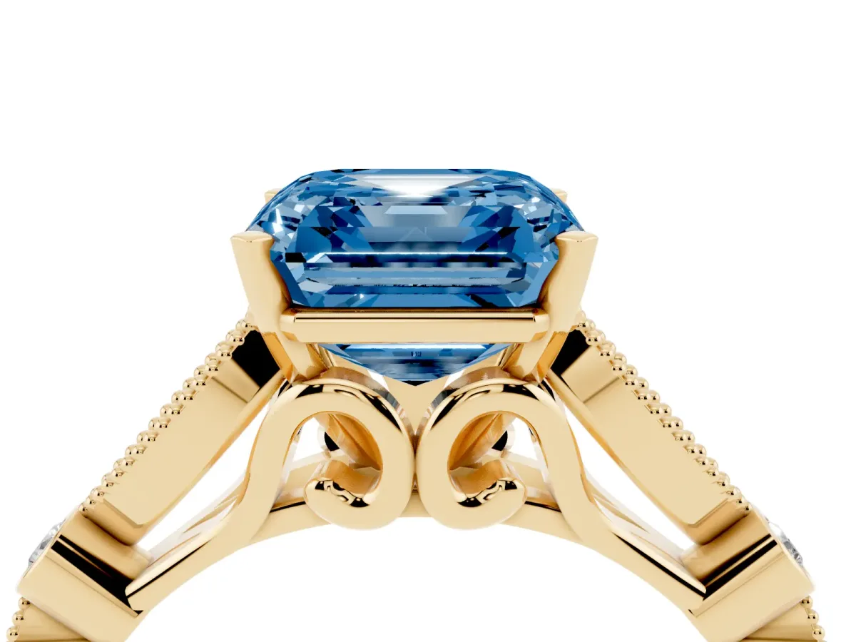 Fancy Blue Asscher Cut Cut Diamond with Milgrain Marquise and Bezel Accents on a Solitaire Band with Prong Setting Yellow gold