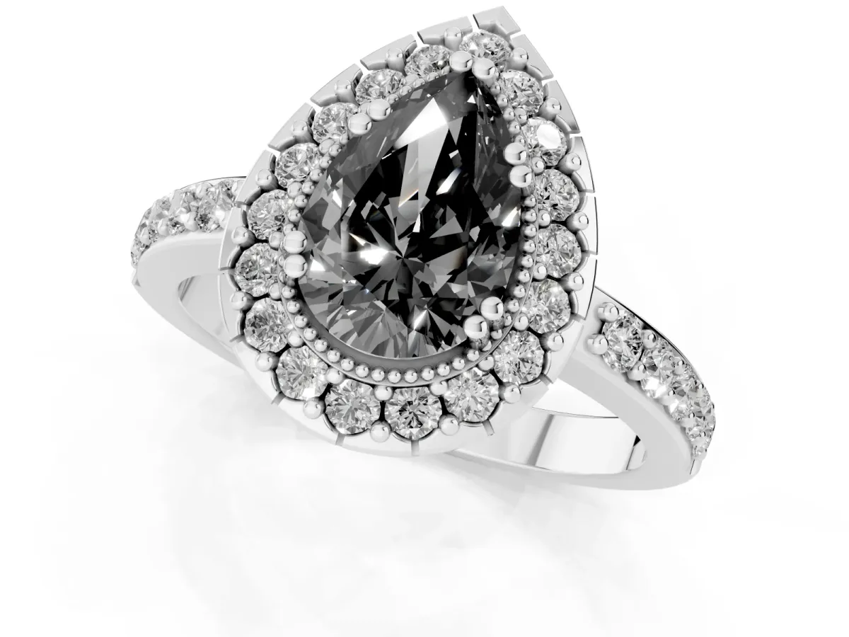 Fancy Black Pear Cut Diamond Halo Ring with Pavé Band and Prong Setting Silver