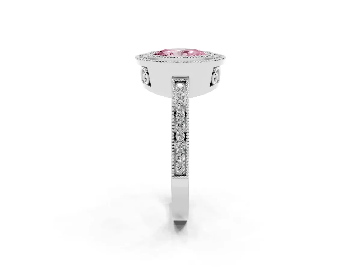 Fancy Pink Oval Cut Cut Halo Diamond Ring with Pavé Band and Milgrain Prong Setting Platinum