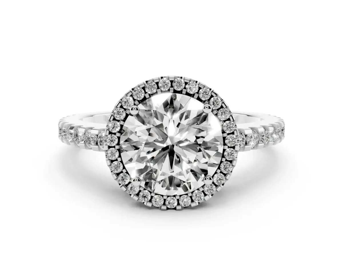 Round Cut Diamond Halo Engagement Ring with Pavé Band and Prong Setting Silver