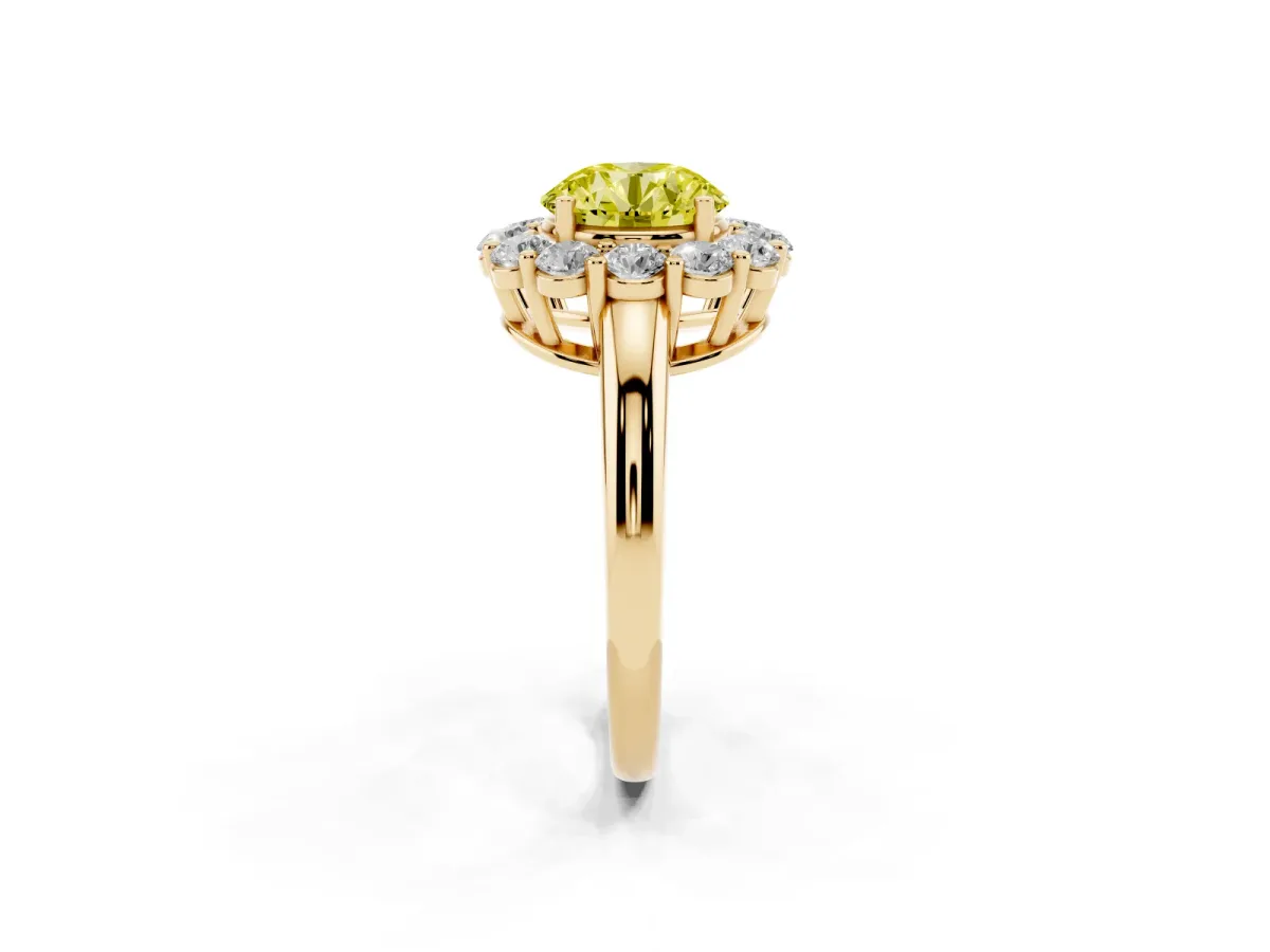 Fancy Yellow Round Cut Halo Cluster Diamond Engagement Ring with Prong Setting and Polished Band Yellow gold