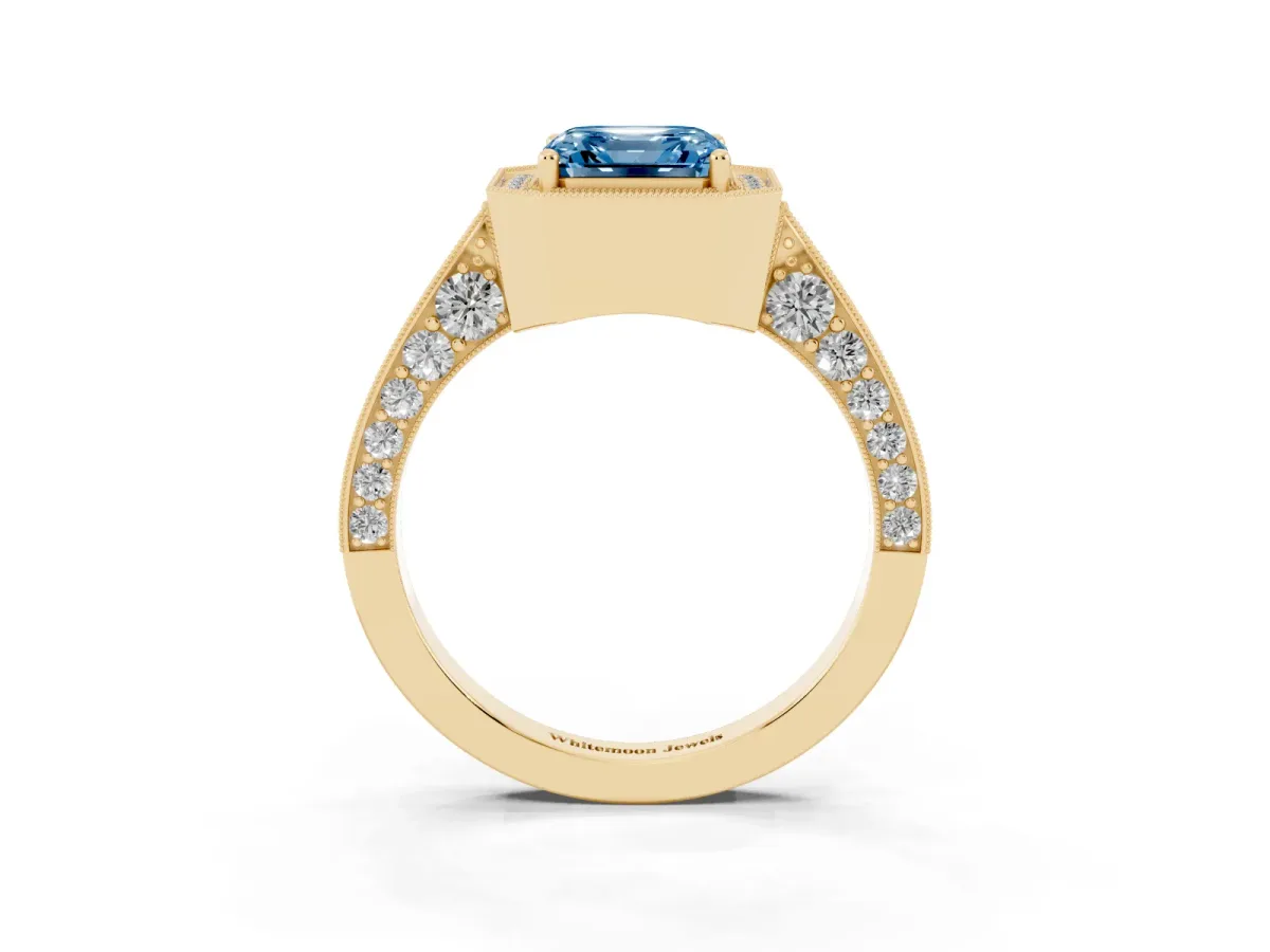 Fancy Blue Asscher Cut Halo Diamond Engagement Ring with Split Shank Band and Four-Prong Setting Yellow gold