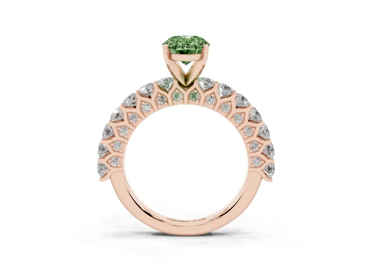 Fancy Green Oval Cut Diamond Solitaire Ring with Shared Prong Pavé Band and Four-Prong Setting Rose gold