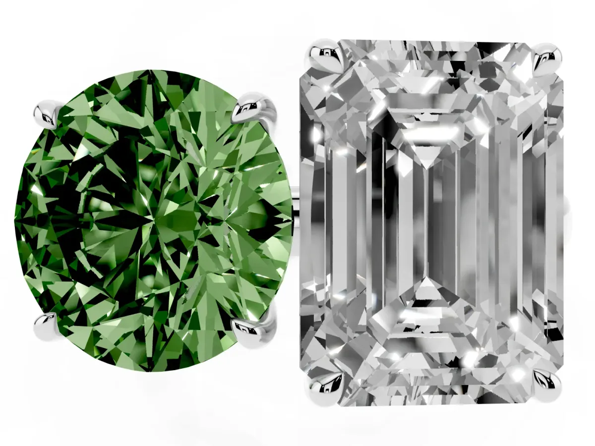 Fancy Green Round Cut and Emerald Cut Toi Moi Ring with Prong Setting Platinum