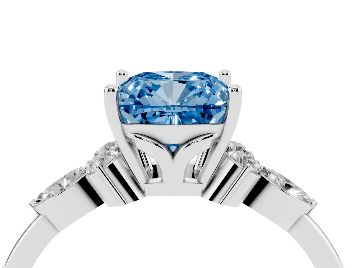 Fancy Blue Cushion Cut Brilliant Diamond Solitaire Ring with Pear Side Stones and Four-Prong Setting White gold