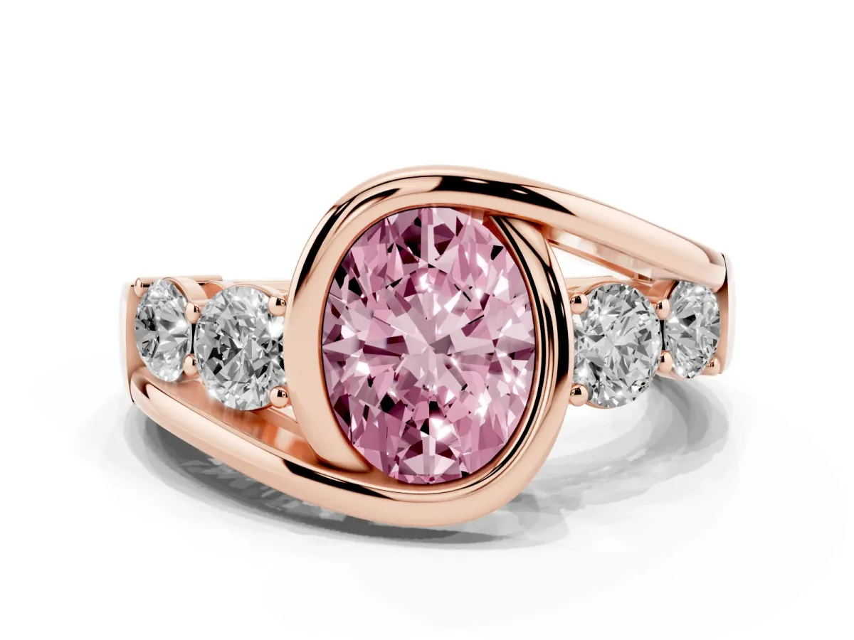 Fancy Pink Bezel Set Oval Cut Diamond Bypass Ring with Round Accents Rose gold