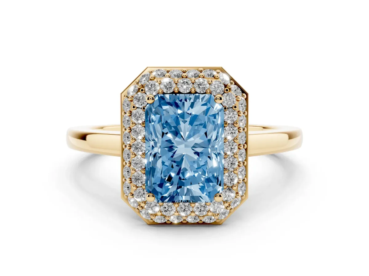 Fancy Blue Radiant Cut Halo Diamond Engagement Ring with Solitaire Band and Four-Prong Setting Yellow gold