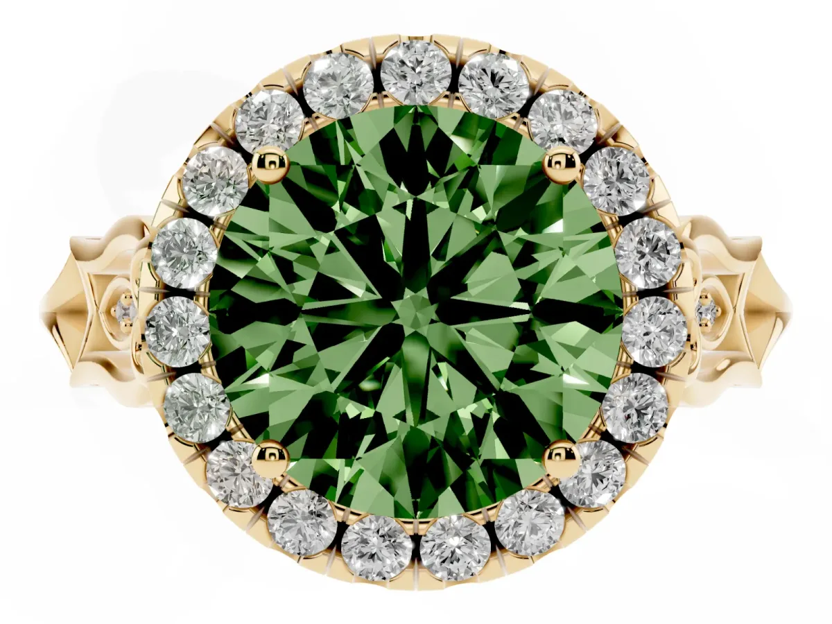 Fancy Green Round Cut Halo Diamond Engagement Ring with Filigree Band and Four-Prong Setting Yellow gold