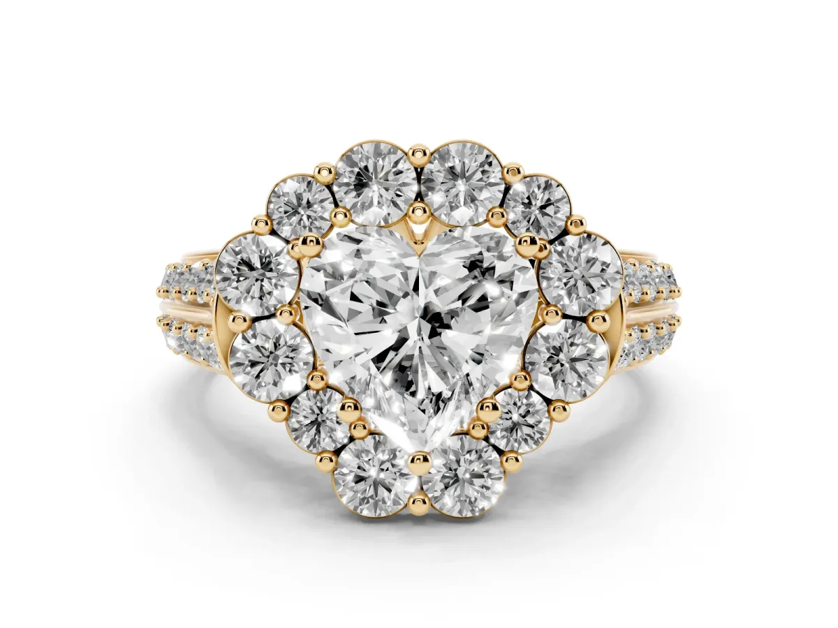 Heart Cut Halo Diamond Engagement Ring with Split Shank and Prong Setting Yellow gold