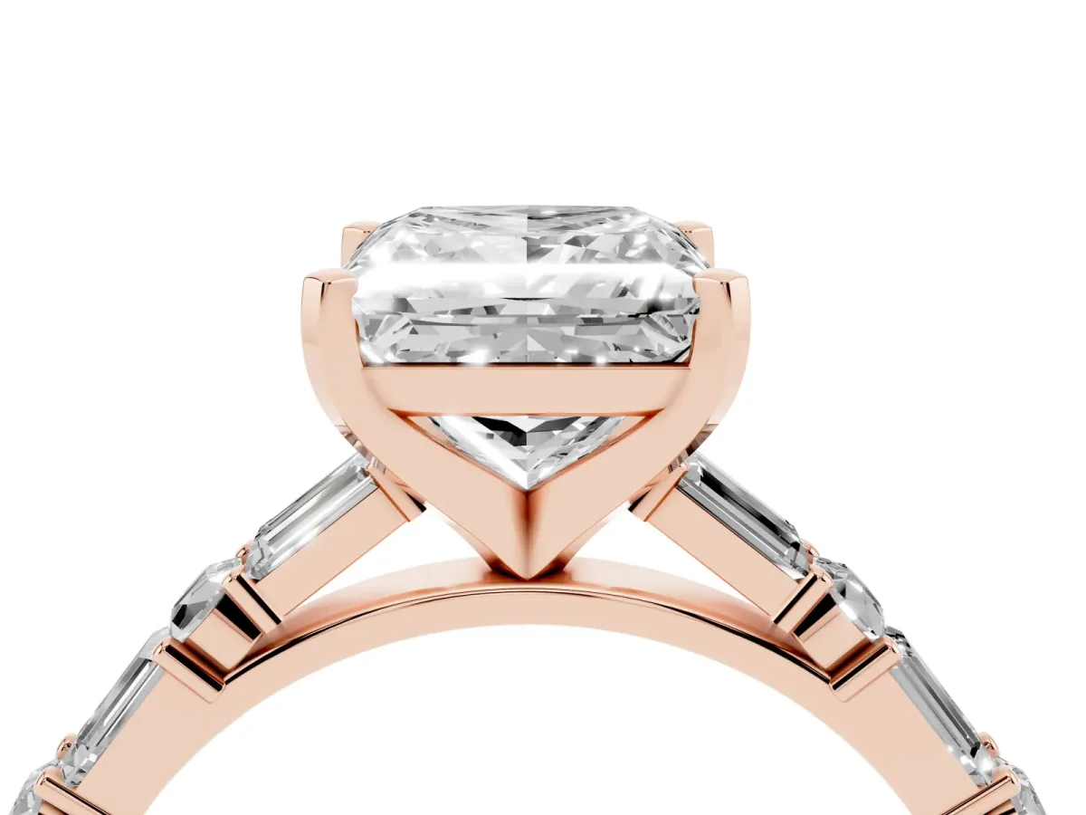 Princess Cut Diamond Solitaire with Side Baguettes and Channel Set Band Rose gold